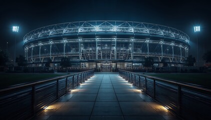 Obraz premium Nighttime illumination of a large, modern sports stadium with a brightly lit walkway leading to its entrance, evoking a sense of anticipation for an event
