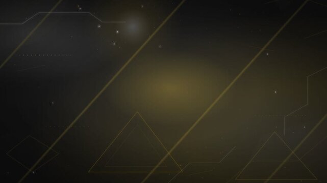 Abstract geometric composition with golden angular lines and triangles, thin interconnected frames, soft glowing particles on dark gradient, sleek modern design elements.