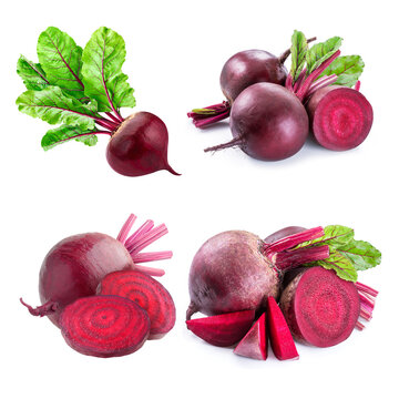Fresh whole and sliced beetroot with green leaves isolated on white background, PNG