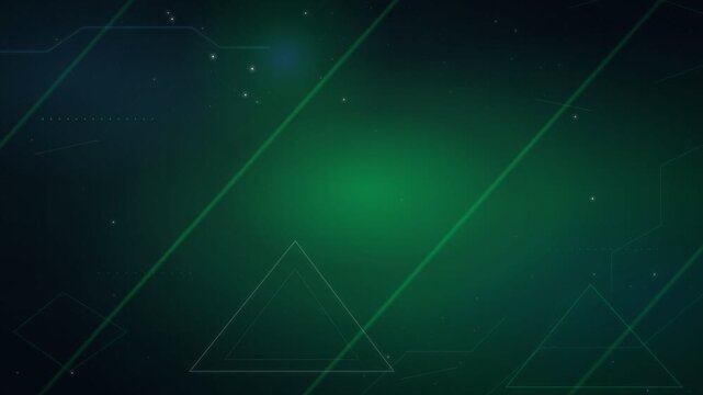 Abstract green gradient with thin glowing diagonal lines, geometric triangles, and faint dots. Minimalist modern graphic element for website or interface design.