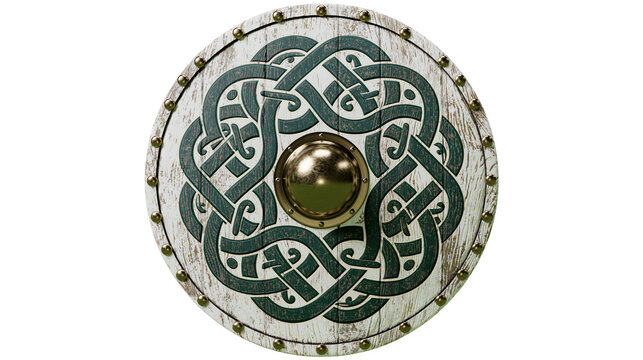 Round wooden Viking shield with green celtic knot pattern and golden boss, isolated on transparent background