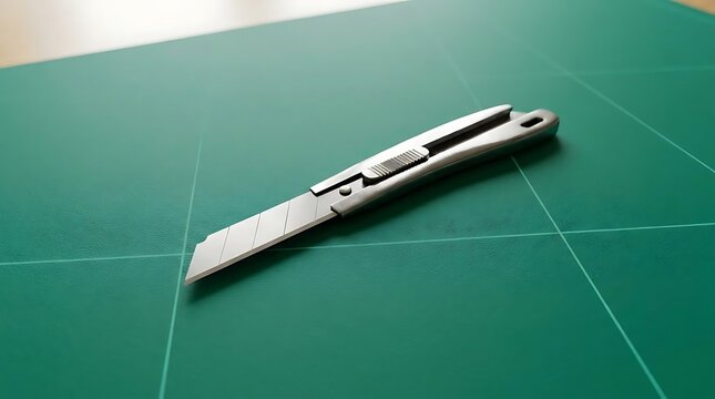 A sharp metal exacto blade laying on a professional green self-healing cutting mat, used for precision crafting, design projects, and detailed paper arts.