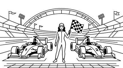 Obraz premium Race Car Driver with Checkered Flag Line Art Illustration