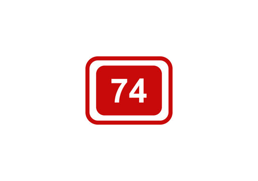 Red square button icon with the number seventy four inside for web user interface and digital design applications isolated on transparent background