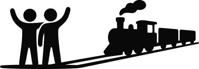 Two people standing by train tracks waving at steam locomotive © JB Design Studio
