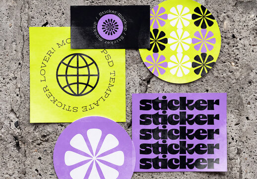Set of Sticker Mockups on Concrete Wall
