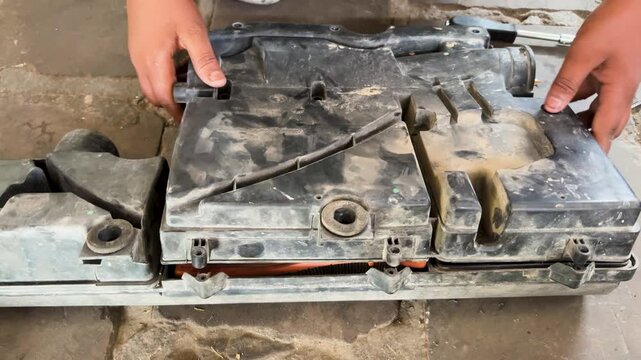 Automotive Technician cleaning Engine Air Filter For Regular Car Maintenance In Workshop