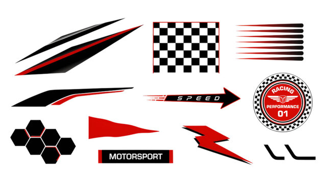 Set of colorful racing car and speed icons with directional arrows