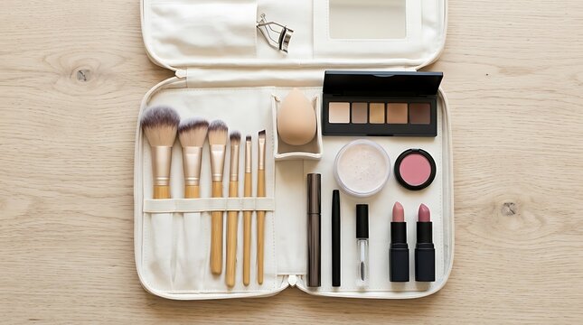 Open makeup bag with various cosmetic brushes and beauty products organized inside. simple makeup tutorial
