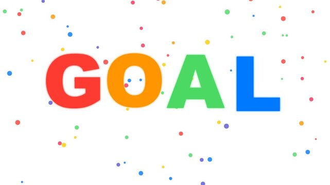 Animation of colorful goal word text with falling confetti on white background