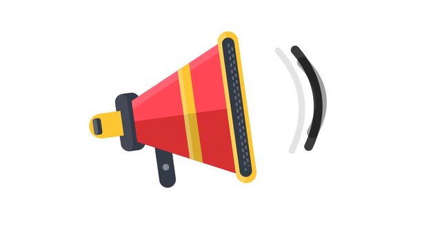 Flat vector illustration of a red megaphone emitting sound waves for announcement on white background