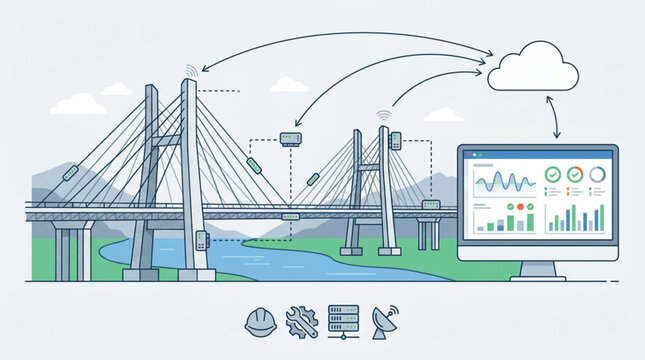 Modern bridge infrastructure connected to digital technology and data analysis.