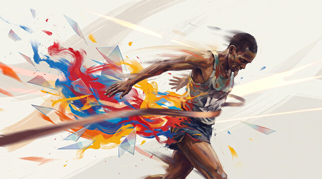 Athletic runner crossing finish line with explosive colorful paint splash motion competition abstract movement watercolor colorful performance determination champion explosive exercise