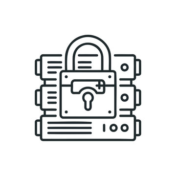 A simple line icon showing a secure server with a closed padlock for data protection concepts