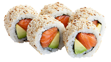 Fresh salmon and avocado sushi rolls covered in sesame seeds, isolated on transparent background © VSTOCK
