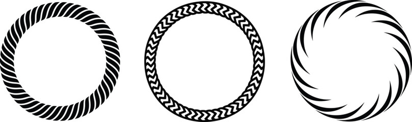 A black silhouette vector set of decorative circle frames with rope and spiral patterns © Murad