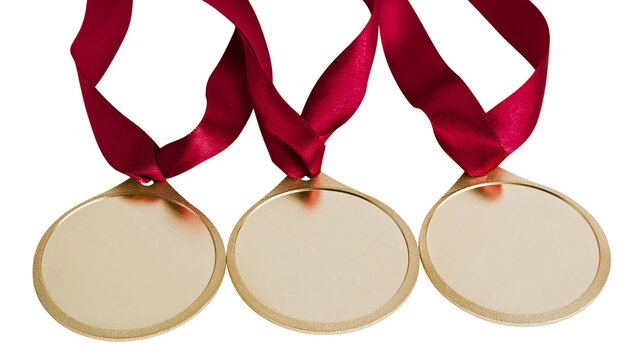 Three blank gold medals with red ribbons, isolated on transparent background