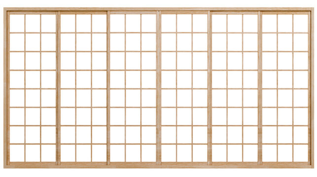 Natural wood shoji screen with grid pattern, isolated on transparent background