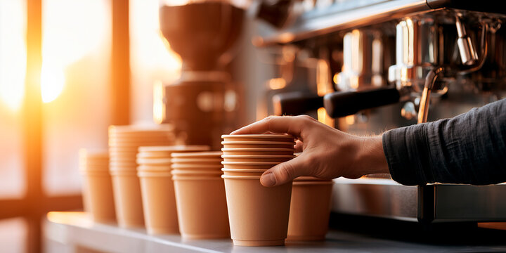 Modern Self-Service Coffee Station in Stylish Caf&eacute; with Takeaway Cups