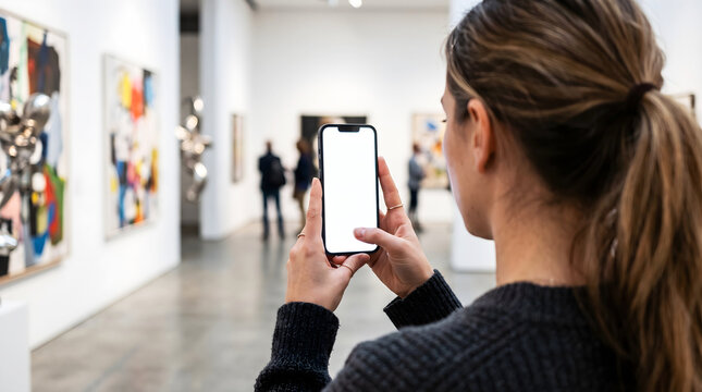 Hand holding smartphone with blank white screen in modern art gallery, woman using mobile app for museum tour mockup, digital culture browsing, fine art exhibition visitor concept.
