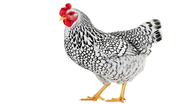 Silver Laced Wyandotte chicken with black and white patterned feathers, isolated on transparent background