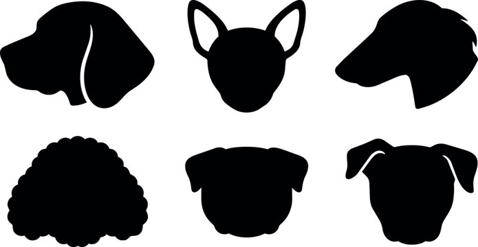 Black silhouette vector art of six different dog heads in varied profiles and angles
