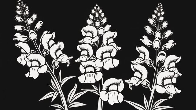 White snapdragon flowers swaying gracefully in a digital animation motion clip featuring high contrast minimalist black and white botanical art