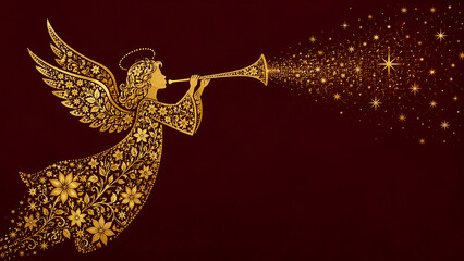 Obraz premium Golden floral angel blowing trumpet with sparkling stars background