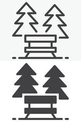 Fototapeta premium Pine trees and bench icon in line, outline and solid style. Editable stroke vector icon set with park seat and conifers sign and symbol for forest recreation areas.