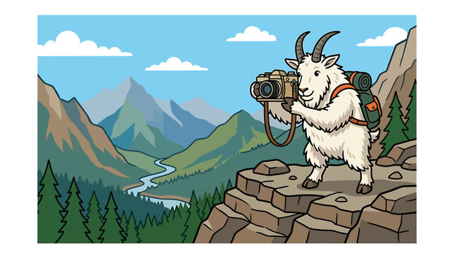 A cartoon mountain goat wearing a backpack and taking a photograph of a scenic mountain landscape.