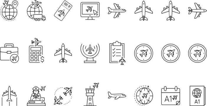 Collection of travel and aviation icons featuring planes luggage and airportrelated symbols on transparent background