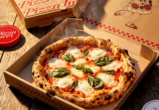 Pizza Box Mockup with Steaming Pizza on Wooden Table