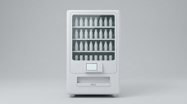 Minimalist white automatic vending machine stocked with bottles on grey background