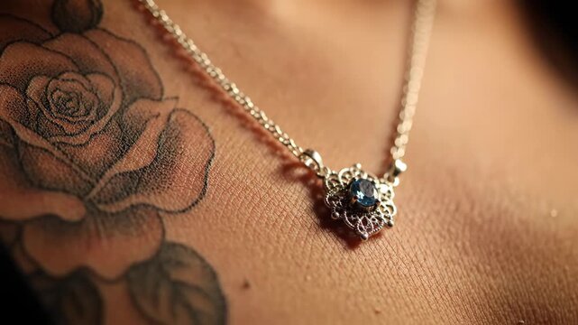 Close-up of a rose tattoo and elegant silver necklace with blue gemstone on skin.