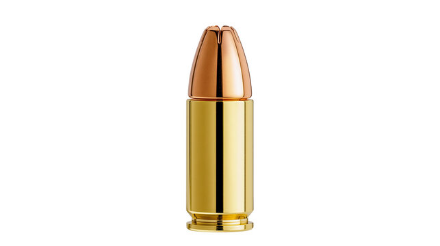 Golden brass bullet casing with copper tip, isolated on transparent background