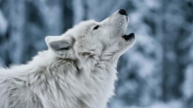 White arctic wolf howling in snowy winter forest with cold wilderness background