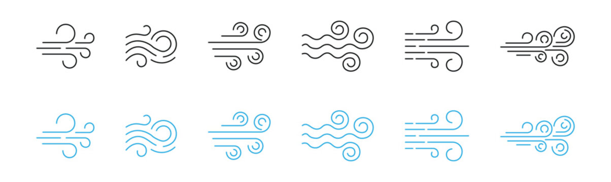 Collection of various wind blow line icons. Wind icon vector set of air blow, doodle wind motion, windy weather symbol, swirl elements, fresh cloud air speed symbol and more. Vector illustration.