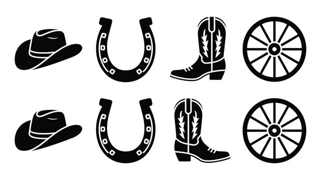 Cowboy Silhouette Icons Vector with Wild West Hats, Boots, Horseshoes, Wagon Wheels and Western Symbols