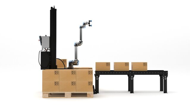 Automated robotic arm palatizing cardboard boxes on pallet from conveyor belt, industrial automation 3d render isolated on white background
