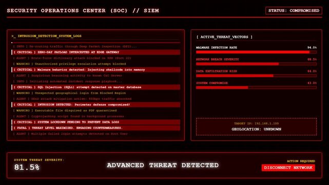 Cyber Security Operations Center Hacking Attack Alert Dashboard Screen.