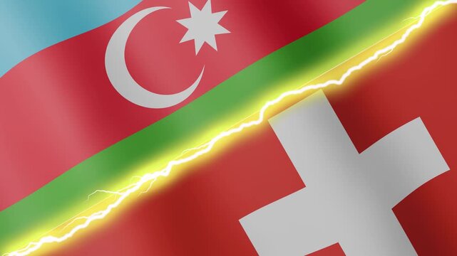 Two waving flags Azerbaijan and Switzerland with diagonal lightning seamless, 4k loop