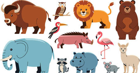 Fototapeta premium Cute wild animals cartoon vector collection set with elephant lion bear hippopotamus and birds isolated flat illustration for kids zoo design