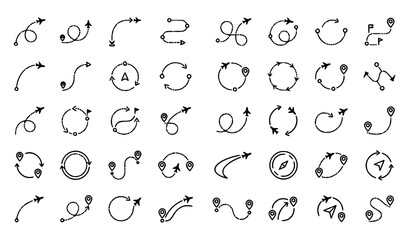 Circular Route Arrow Vector Icon Set Featuring Map Tracking Trajectories, Flight Itinerary Loops, Compass Coordinates, and Destination Path Silhouettes for Navigation Layouts © MdSelim