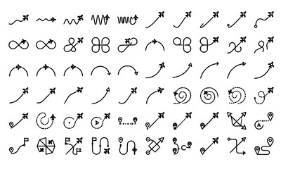 Curving Route Arrow Vector Icon Collection Featuring Map Tracking Trajectories, Flight Itinerary Loops, Coordinate Pointers, and Destination Path Silhouettes for Logistic Layouts © MdSelim