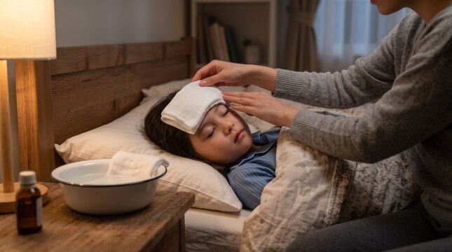 A woman lies in bed with a cold compress on her forehead as another person tends to her.
