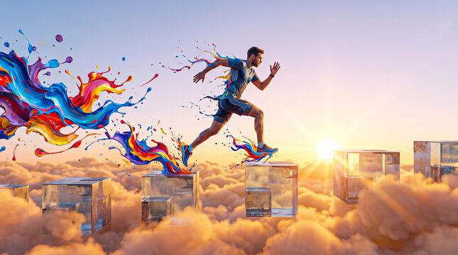 Artistic runner sprinting on glass platforms in the sky with colorful paint splashes platform colorful abstract motivation progression creative training performance imagination movement