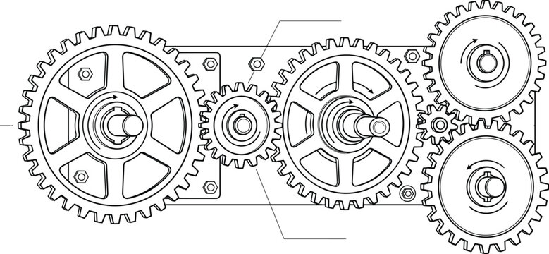 Mechanical Gear Blueprint Line Art Vector Illustration for Industrial Engineering Machinery and Technical Hardware Layout Designs