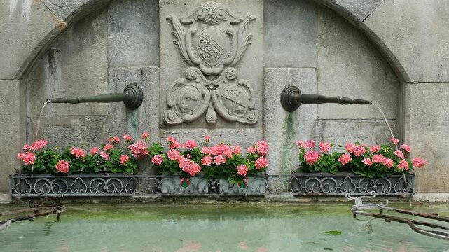 Mit Blumen verzierter sch&ouml;ner Altstadt Brunnen in der Gemeinde Regensberg im Kanton Z&uuml;rich, Sehensw&uuml;rdigkeit in der Schweiz