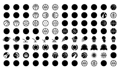 Comprehensive Basketball Silhouette Icon Collection Featuring Diverse Ball Lines, Team Shields, Bouncing Trajectories, Net Hoops, and Tournament Trophy Badges for Sports Graphic Layouts © MdSelim