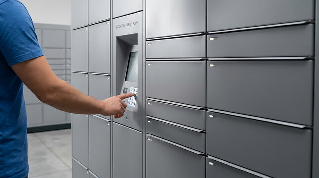 Person using an automated parcel locker terminal to collect a package, representing contactless delivery and e-commerce logistics.